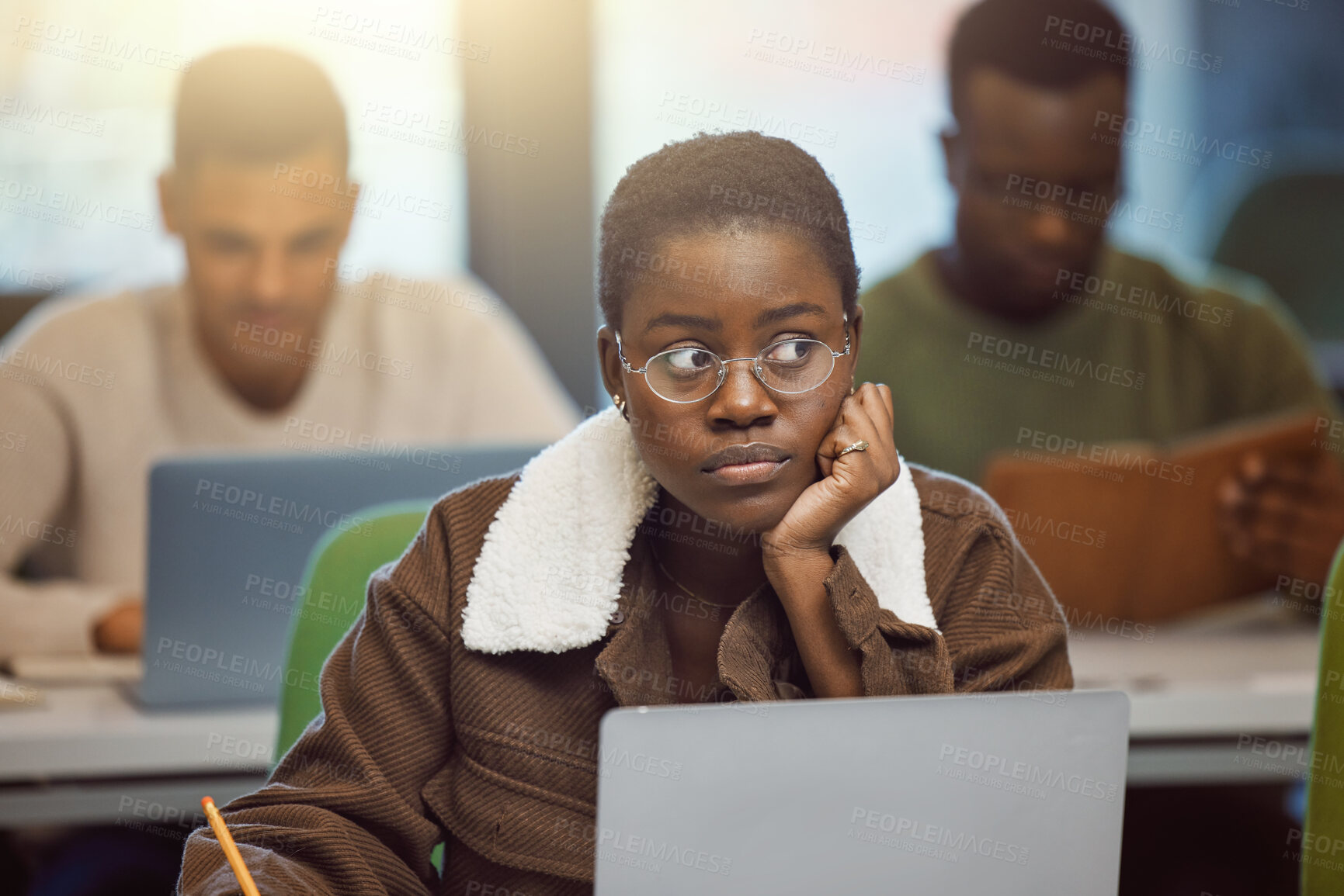 Buy stock photo Student stress, anxiety or fear in exam, test or classroom lesson on laptop in university, school or college campus. Black woman, crsis or problem on technology studying or education learning burnout