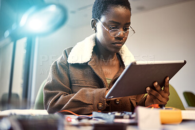 Buy stock photo Student, education and black woman with tablet for learning, knowledge research or studying at home. Technology, digital touchscreen and female internet browsing, social media or networking at night.