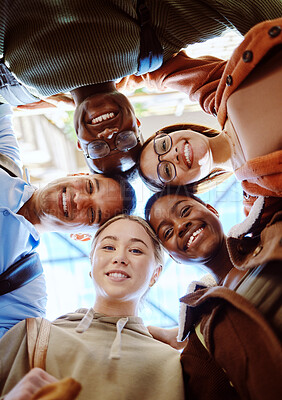Buy stock photo Below, portrait and student group with smile for motivation, support or education in summer sunshine. Diversity, students and learning with teamwork, community or scholarship at university for goals