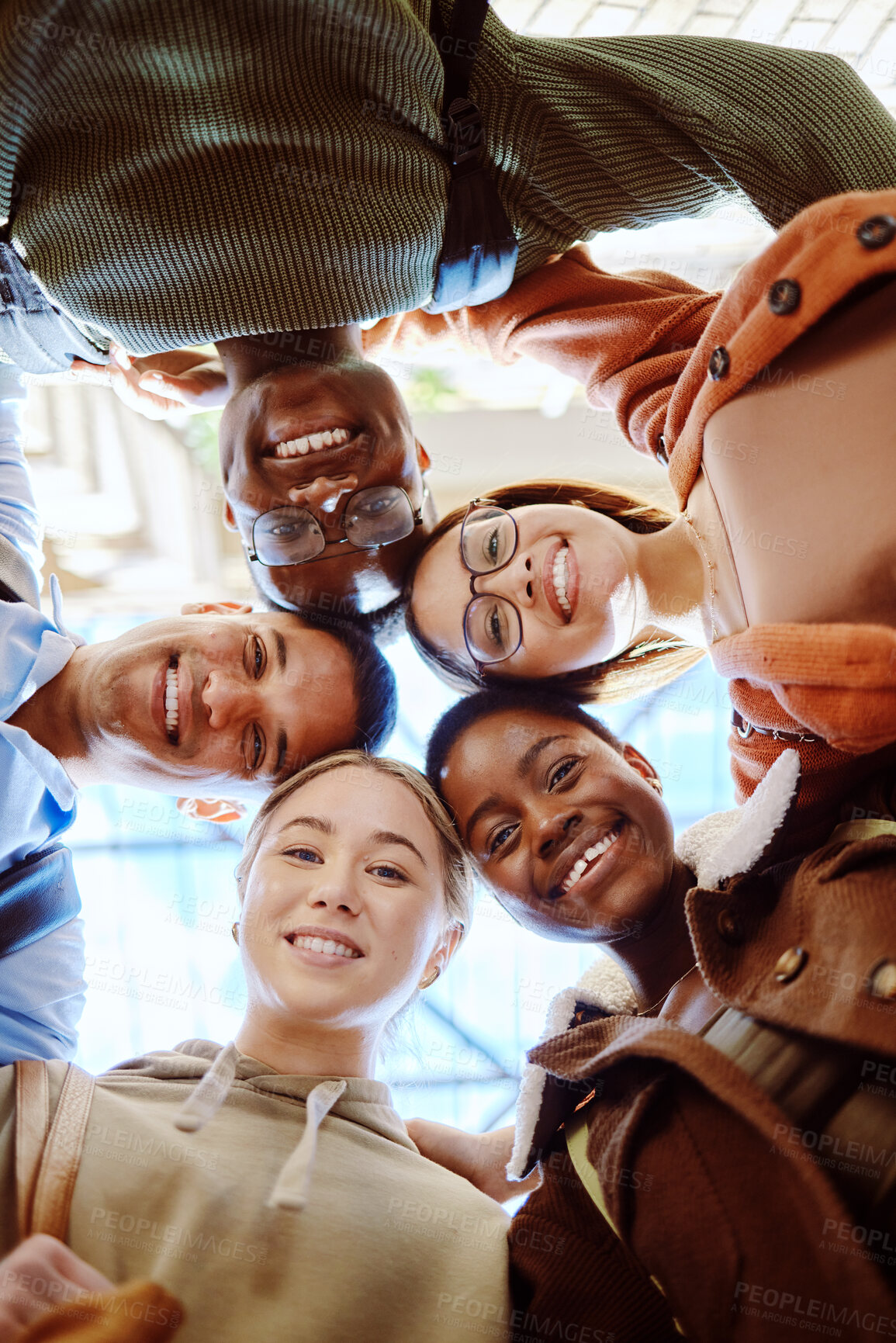 Buy stock photo Below, diversity portrait and students with happiness, support or learning at college campus. Student friends, education and learning for teamwork, studying or scholarship at university for community