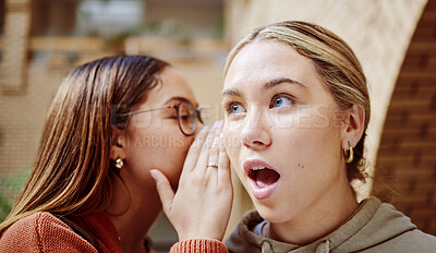 Buy stock photo Women gossip, surprise and friends with secret in university campus. Face wow, hands and female students whisper shocking info, gossiping or sharing rumor, secrets or story and chatting in college.