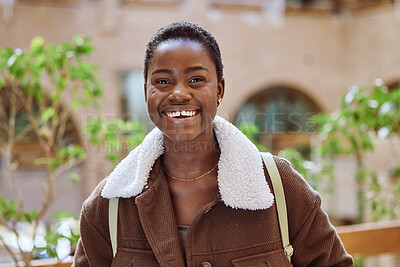 Buy stock photo Happy, smile and portrait of a black woman student standing outdoors at a university in South Africa. Happiness, excited and African female with a positive mindset at college for studying or learning
