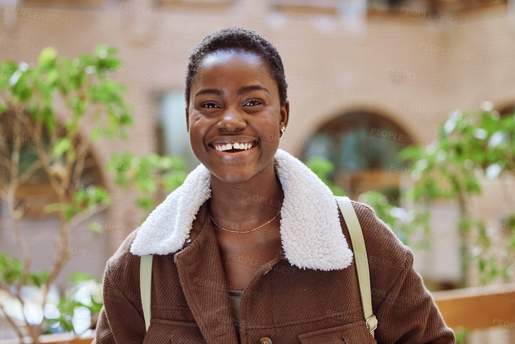 Buy stock photo Happy, smile and portrait of a black woman student standing outdoors at a university in South Africa. Happiness, excited and African female with a positive mindset at college for studying or learning