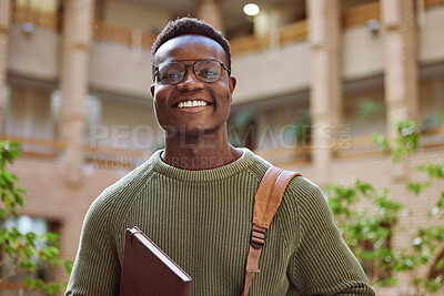 Buy stock photo University student, black man and portrait at campus for education, learning and studying in Atlanta. Happy young male college student with motivation for knowledge, scholarship opportunity and goals