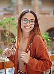 Smile, woman student and college with education portrait, happy with university and scholarship with learning and study. College student, freedom and academic growth, glasses and geek outdoor