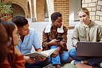 University, education and student group studying with laptop, book and phone with collaboration and discussion. Learning, scholarship and college students together talking with teamwork on campus