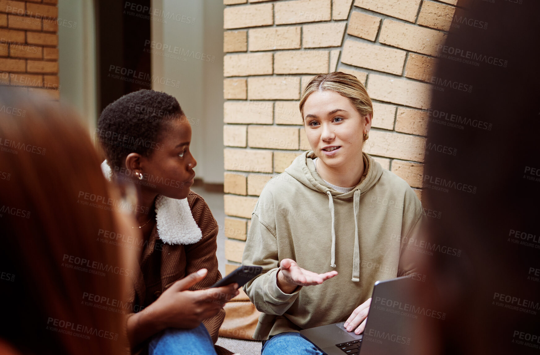 Buy stock photo Studying, education and college with team and students together, discussion and communication about project or paper. Learning, scholarship and college student with laptop, collaboration and teamwork