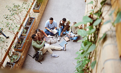 Buy stock photo College group, collaboration and diversity students working on research, university project or education study. Knowledge learning, scholarship teamwork and top view of relax people on school campus