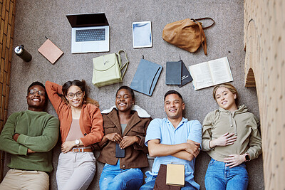 Buy stock photo College floor, diversity portrait and students collaboration on group research project, university study or education learning. Knowledge, teamwork or top view of happy friends relax on school campus