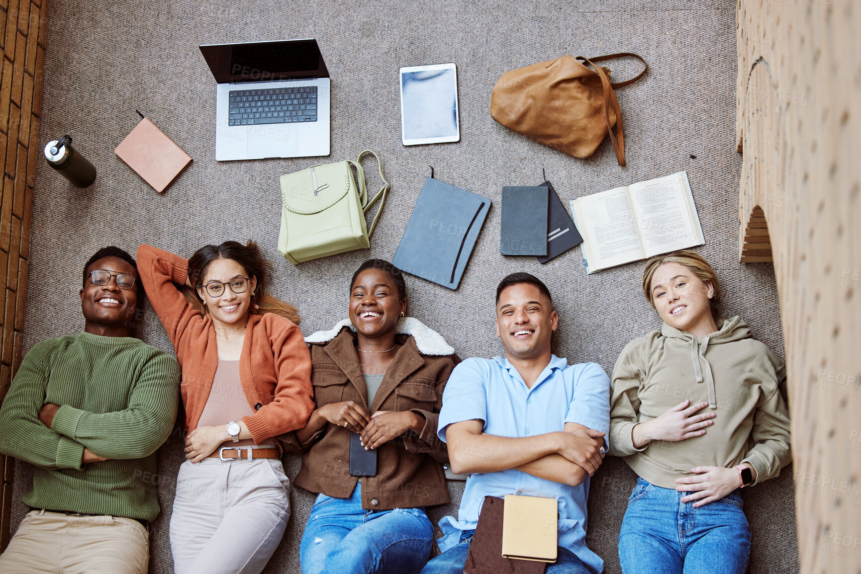 Buy stock photo College floor, diversity portrait and students collaboration on group research project, university study or education learning. Knowledge, teamwork or top view of happy friends relax on school campus