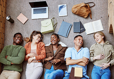 Buy stock photo College floor, diversity and laughing students relax after group project, research education study or university teamwork. Knowledge, learning and top view of happy friends on school campus ground