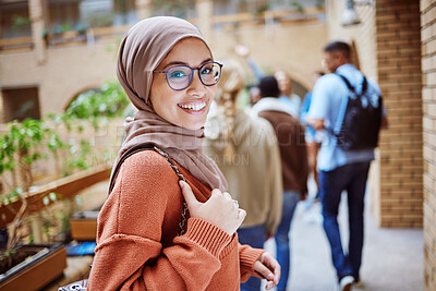 Buy stock photo Portrait, muslim or happy woman on university, school or college campus and education, learning or studying goals. Smile, face or Islamic student with hijab scarf, international scholarship or vision