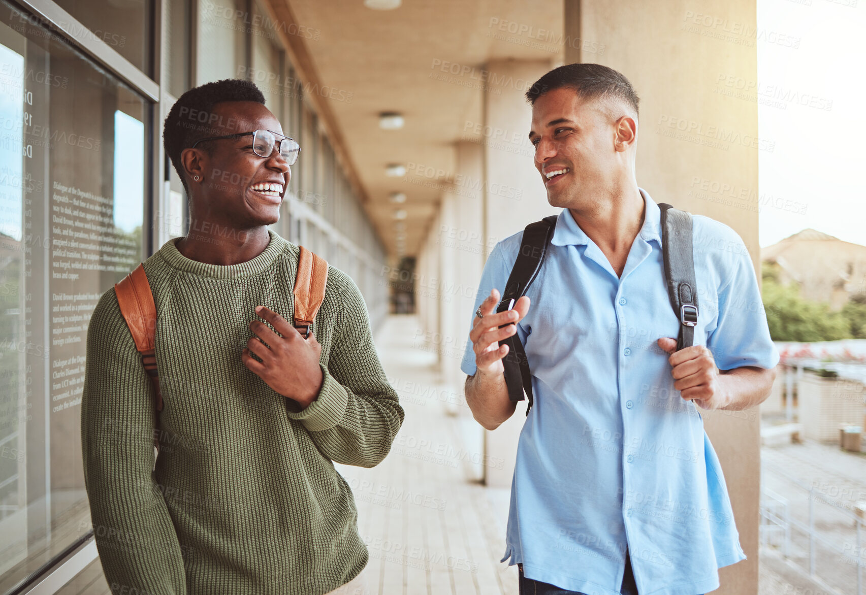 Buy stock photo Men, students and friends with education and university, together talking and laughing with funny and study at college. Comedy, discussion and friendship communication, learning and happy outdoor