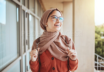 Buy stock photo University, education student and muslim woman in campus ready for learning, studying or knowledge. College, scholarship development or Islamic female thinking or contemplating vision for future life