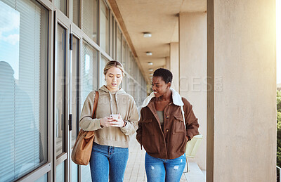 Buy stock photo Friends, women and smartphone for social media, talking and connection to share pictures, walking and relax together. Female students, girls and cellphone for communication, scroll online and typing 