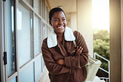 Buy stock photo University, education student and black woman with arms crossed in campus ready for learning, studying or knowledge. College, scholarship and happy female thinking or contemplating goals or targets.