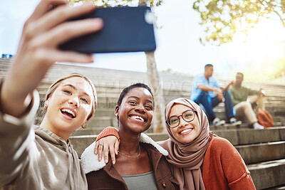 Buy stock photo Students, diversity or phone selfie on college campus bleachers, university stairs of school steps for social media or profile picture. Smile, happy women or bonding on mobile photography technology