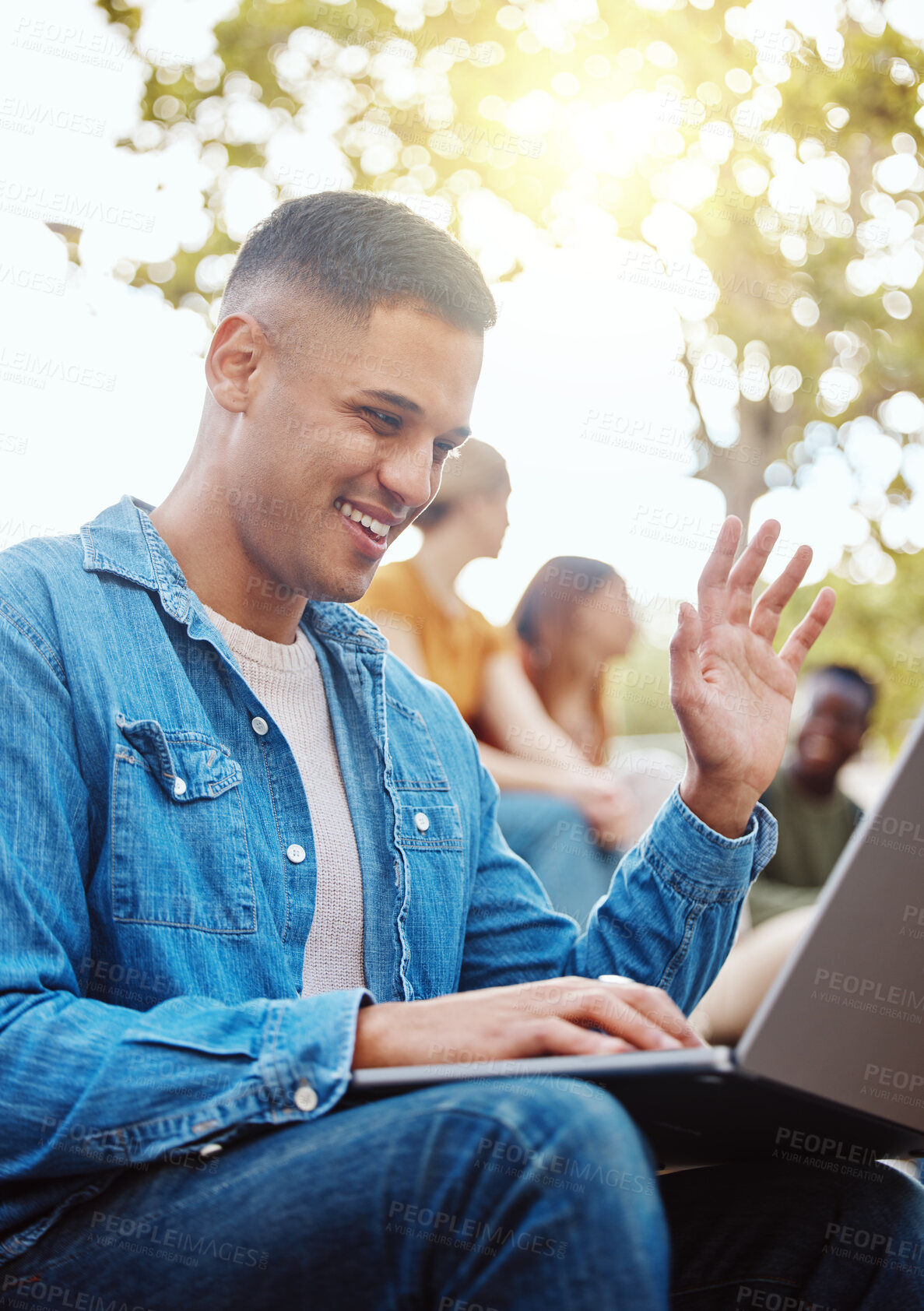 Buy stock photo Education question, video call and student with laptop in campus for learning, studying or knowledge. College, university questions and happy man raising hand in online class with computer outdoors.