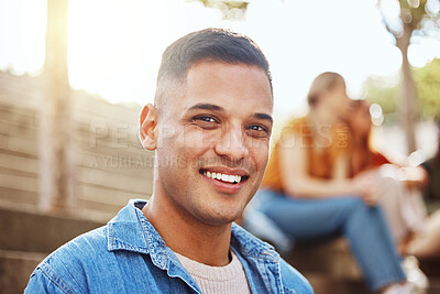 Buy stock photo Portrait, black man and student on campus, college and relax on break, smile and casual. Jamaican male, guy and academic on university, confident and trendy with happiness, education and studying