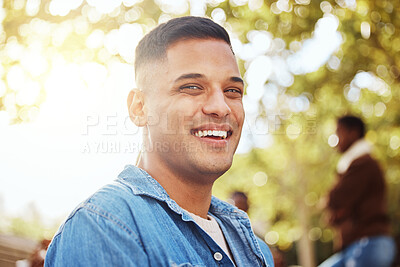 Buy stock photo University, student portrait and man at park in campus ready for learning goals, studying targets or knowledge. Face, scholarship development and happy young male in college with success mindset.