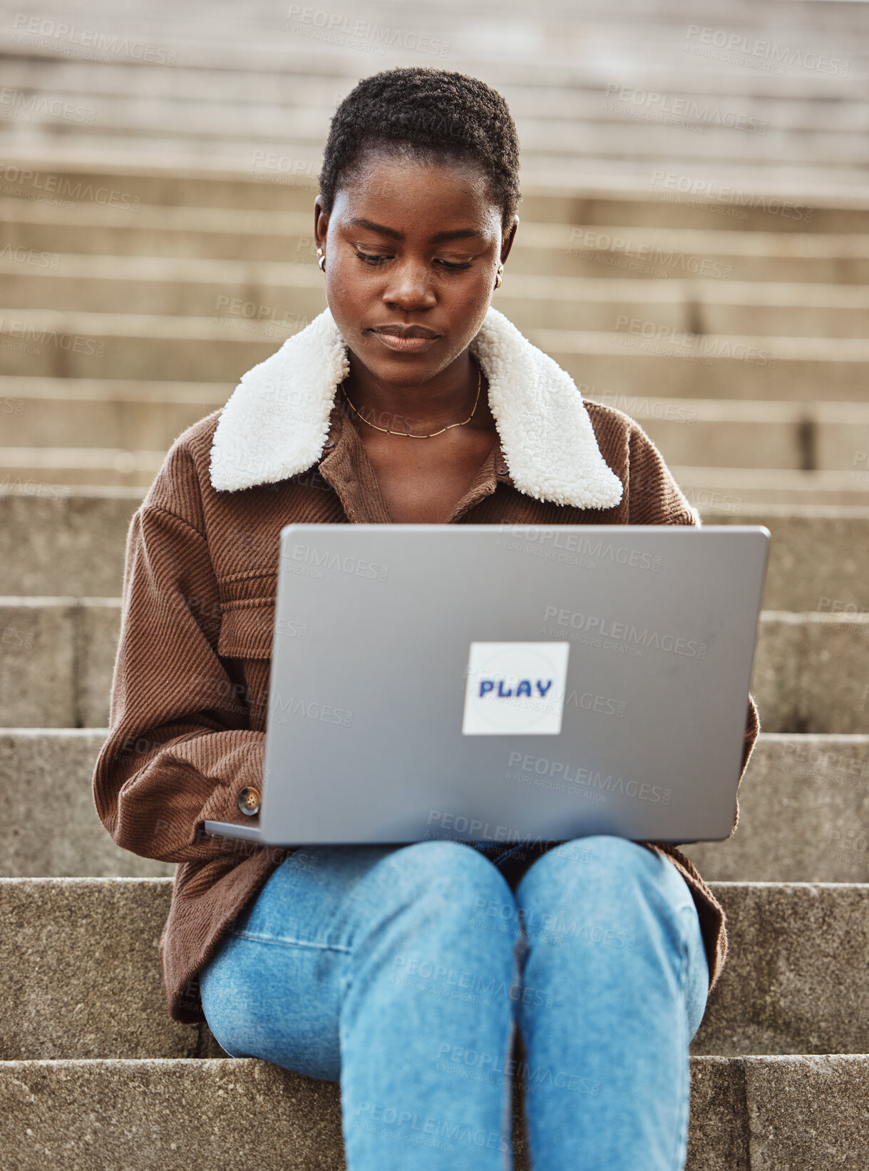 Buy stock photo Education, black woman on stairs and laptop for college, online learning and focus outdoor. Nigerian female student, girl on steps and academic with pc, search internet and website reading for exams