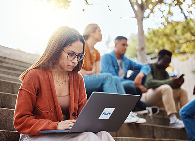 Buy stock photo University, woman sitting stairs and laptop research for school project with focus and motivation for education. College, scholarship and student on steps on campus with computer studying for exam.