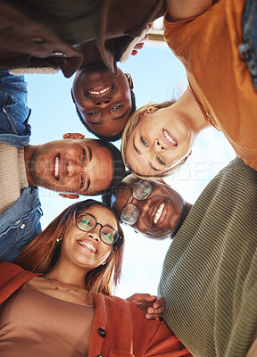 Buy stock photo Friends, smile and hug below for teamwork, community or trust together in the outdoors. Happy group of people smiling in diversity for huddle, solidarity or unity for team support or friendship