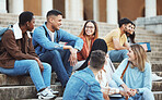 Laughing students, bonding or university stairs on college campus for group study, diversity class break or open day social. Smile, happy or talking friends, education learning goals on school steps