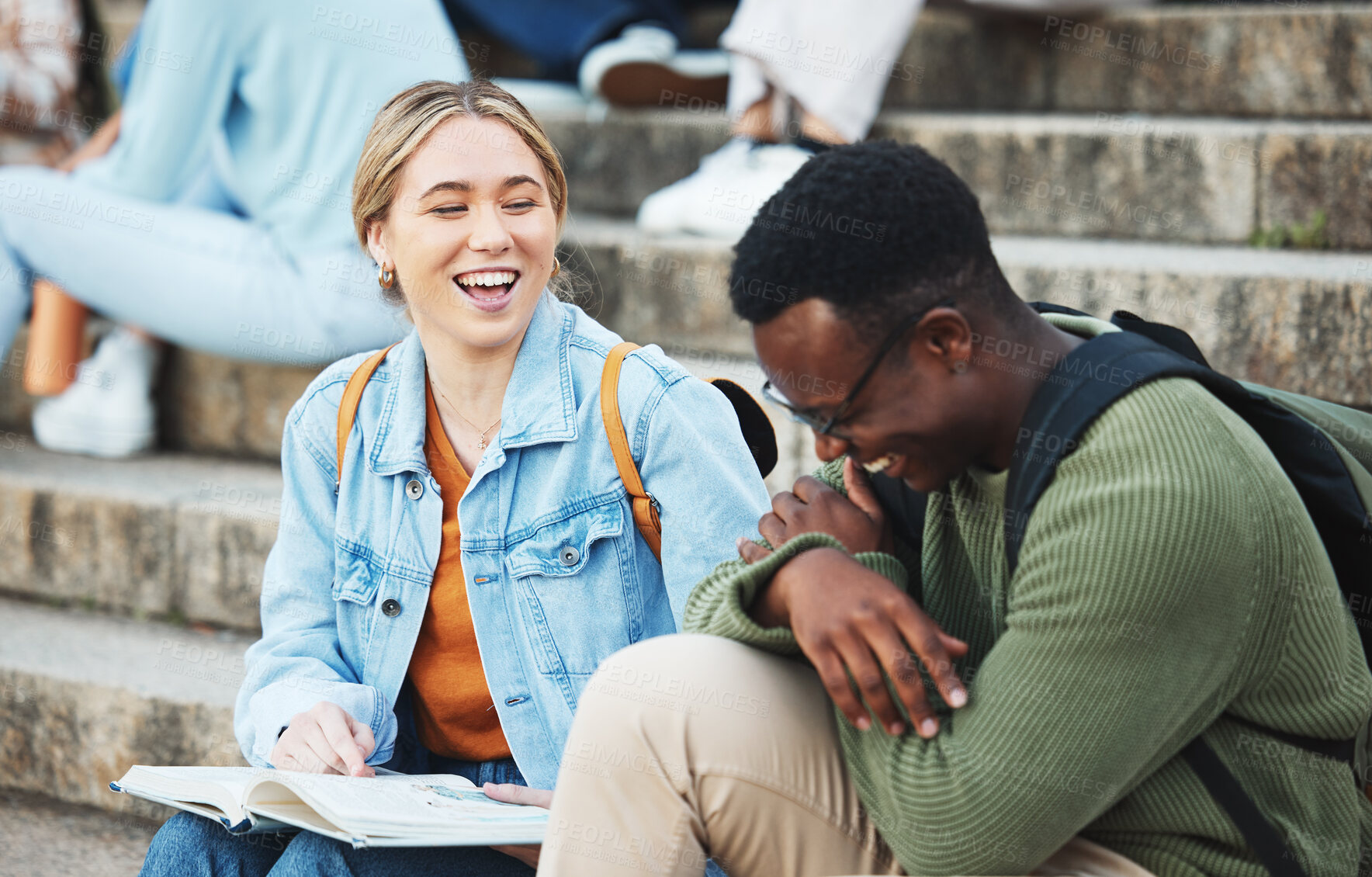 Buy stock photo Laughing students, book or studying on stairs on university, school or college campus for test, exam or project. Smile, happy or bonding friends and education learning goals, support or research help