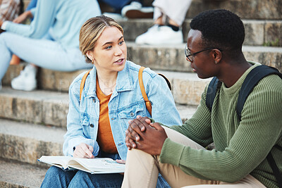 Buy stock photo Talking students, black man or woman on stairs, university steps or college campus bleachers for studying research books. Friends, people or notebook in education learning or school exam preparation