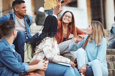 Buy stock photo Talking, students or high five on university stairs, college campus bleachers or school steps for education diversity success. Smile, happy friends or partnership gesture in learning goals or target
