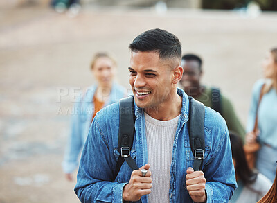 Buy stock photo Laughing man, walking or students on university campus, college or school with scholarship, learning or study goals. Smile, happy people or education friends with diploma innovation or degree ideas
