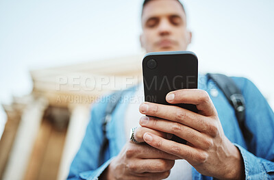 Buy stock photo Man, hands or phone on university, college campus or school exam calendar, class schedule or social media. Zoom, student low angle or mobile technology in education learning or scholarship research