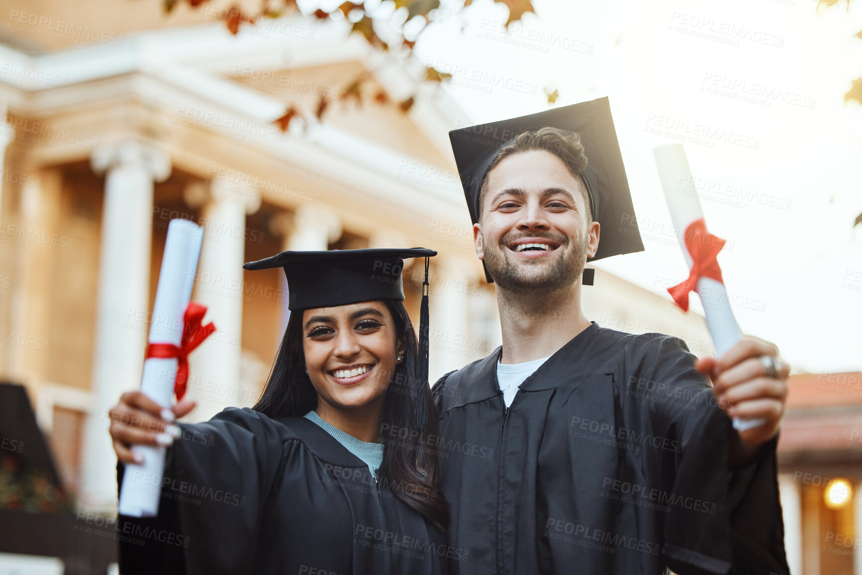 Buy stock photo Education, graduation and celebration, portrait of students with certificate in outside university campus with smile. Friends, scholarship students and success, happy couple graduate from law school.