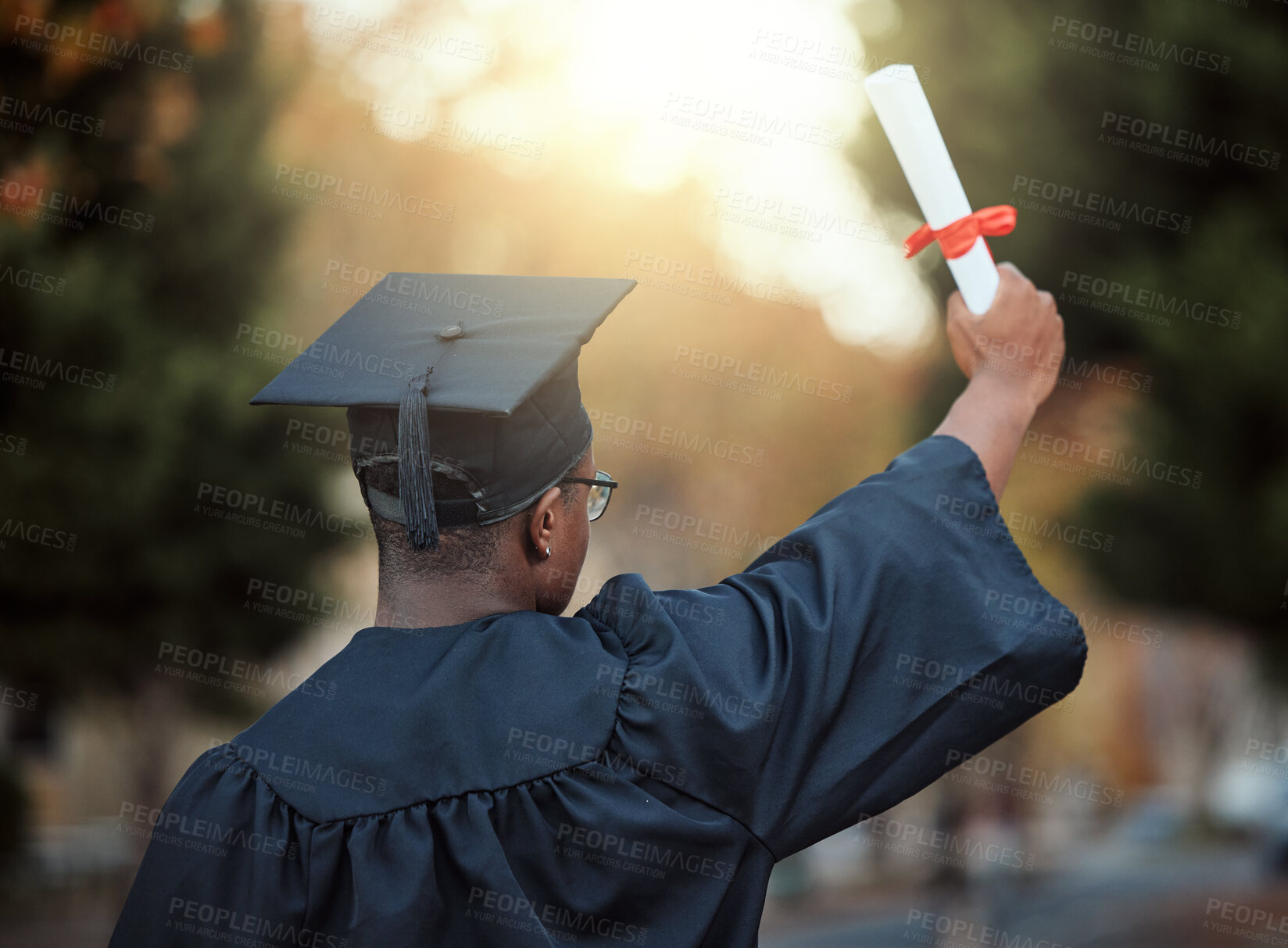 Buy stock photo University graduation, certificate and back view of black man with motivation for learning goals, achievement or future. Male graduate student, diploma and celebration of success in college education