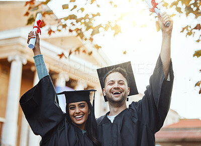 Buy stock photo Wow, graduation and celebration, portrait of couple with certificate in garden university campus with smile. Friends, scholarship student and success in education, man and woman graduate from college