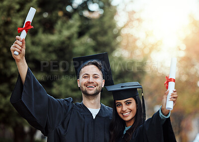 Buy stock photo Education, graduation and celebration, portrait of couple with certificate in garden university campus with smile. Friends, scholarship students and success, young man and woman graduate from college