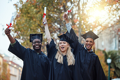 Buy stock photo University graduation, certificate and portrait of friends excited for learning goals, achievement or future. Young graduate group of students, diploma and celebration of success in college education