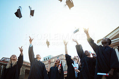 Buy stock photo Diversity, graduation hat or students with celebration, university or happiness outdoor. Young people, men or women with degree completion, education or knowledge for success, graduate or achievement
