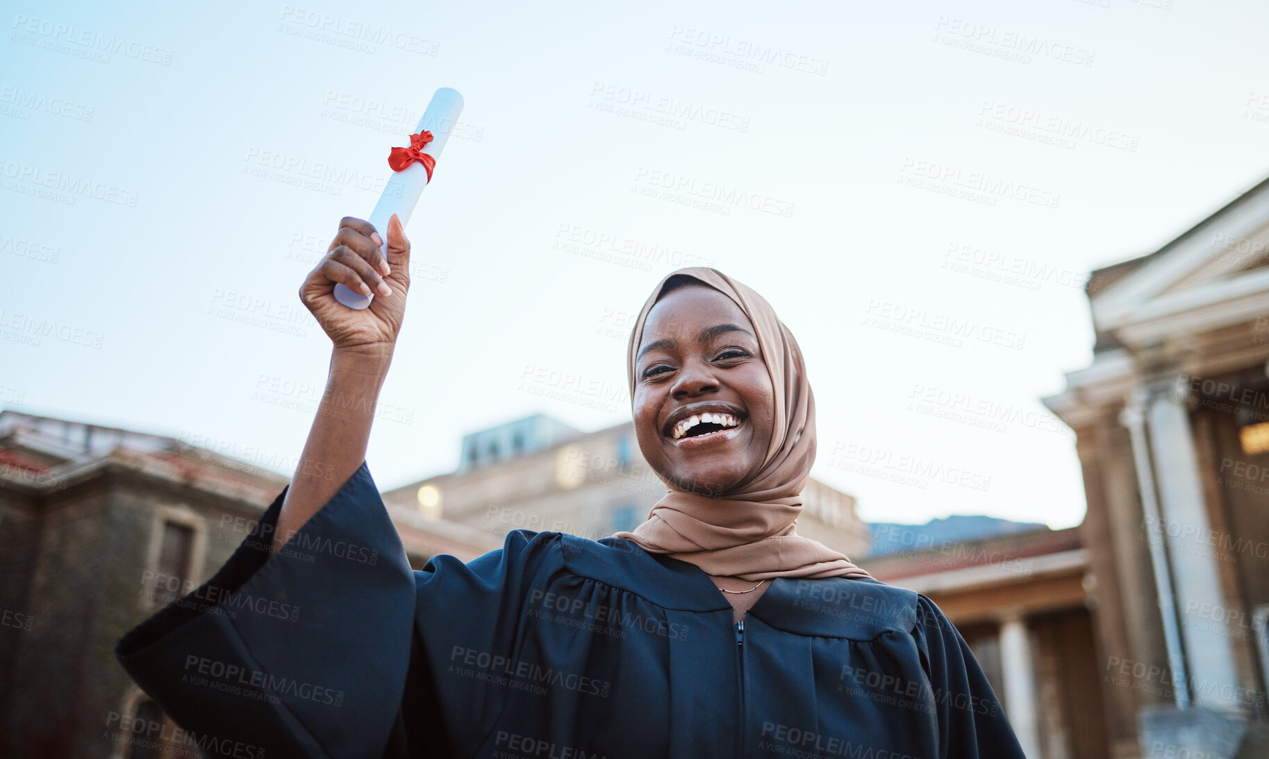 Buy stock photo Education, graduation and portrait of Muslim woman at university, college and academic campus with diploma. Celebration, certificate ceremony and girl student with success, victory and achievement