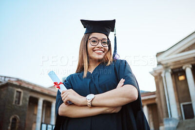 Buy stock photo Portrait, graduation and education with a student woman holding a diploma or certificate outdoor as a graduate. Study, goal or unviersity with a female pupil standing outside for scholarship success