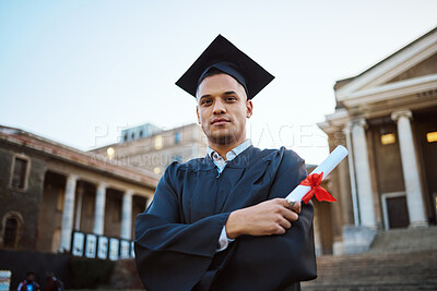 Buy stock photo Student graduation, portrait and man with certificate, diploma or degree. University education, college and proud male graduate from Brazil with arms crossed and academic document for learning goals.