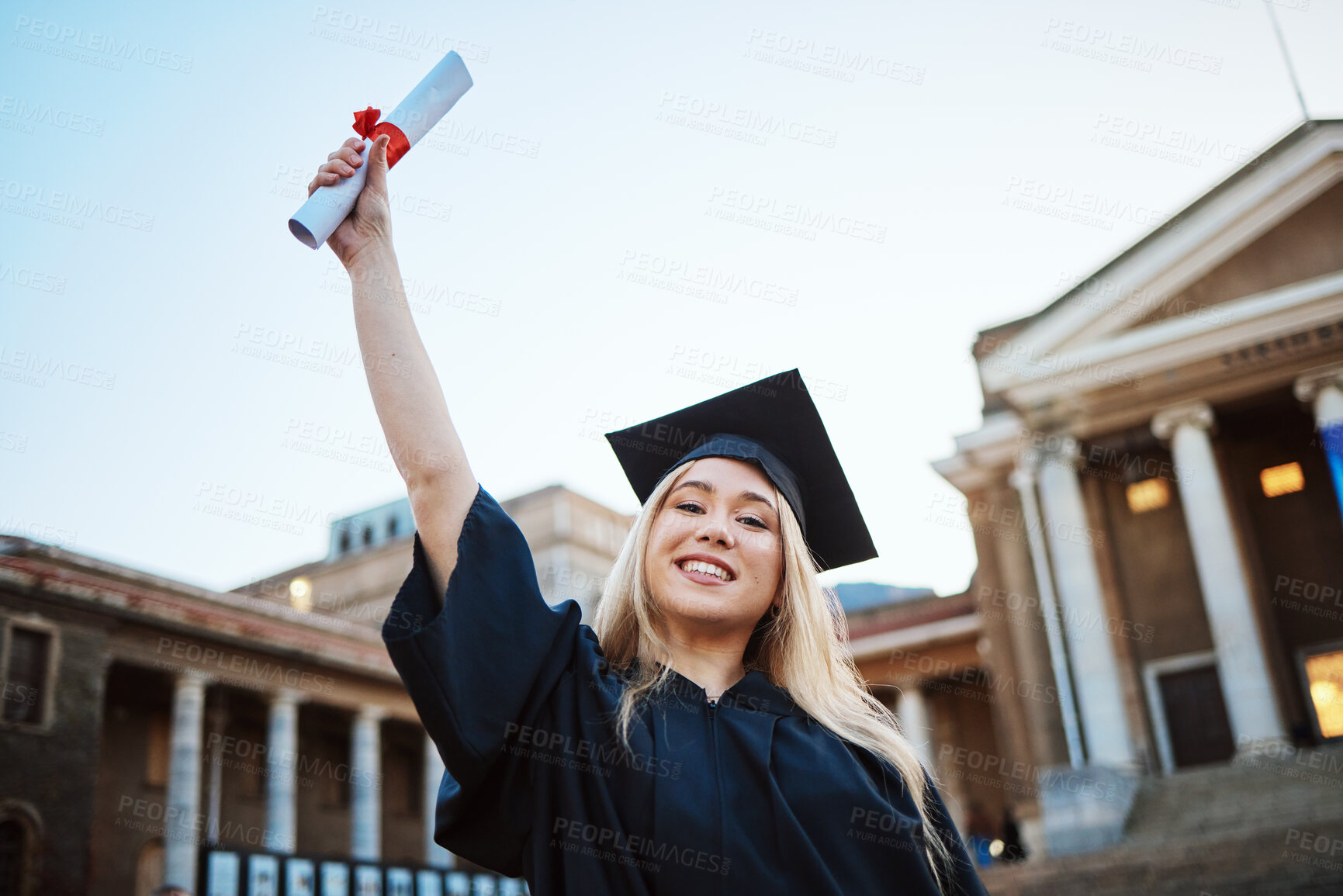 Buy stock photo Education, graduation and portrait of woman at university, college and academic campus with diploma certificate. Celebration, graduate ceremony and girl student with success, victory and achievement