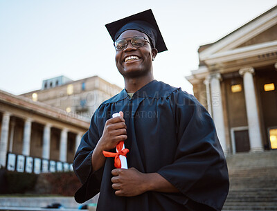 Buy stock photo University diploma, graduation and portrait of a black man at campus to celebrate success in school. Scholarship, pride and African student with college certificate for academic achievement in USA