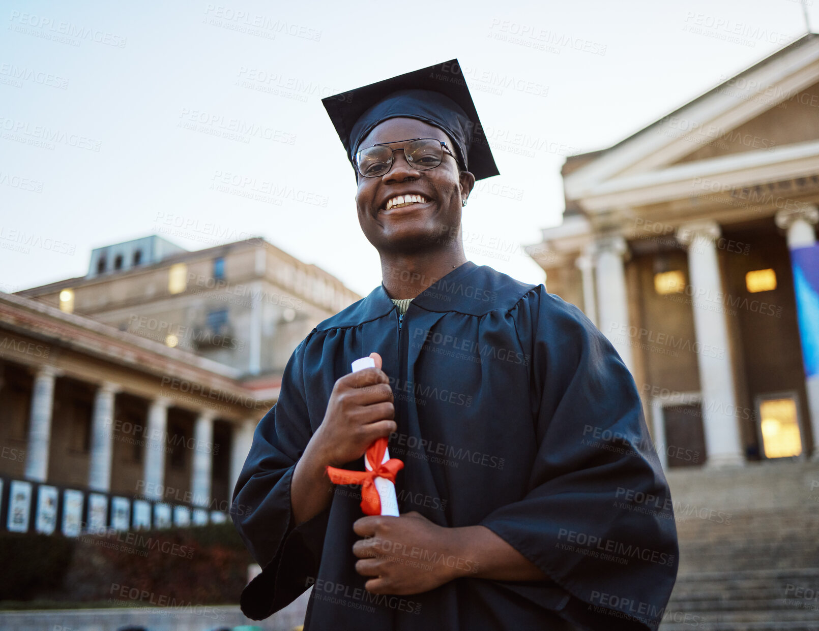 Buy stock photo Achievement, diploma and portrait of a black man at graduation with college success, celebration and happy. Pride, smile and African graduate with a certificate after studying at university in London