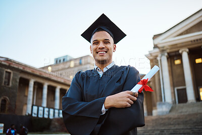 Buy stock photo University, graduation and happy man with a diploma scroll standing outdoor of his campus. Education, scholarship and male graduate from Mexico with academic certificate or degree for college success