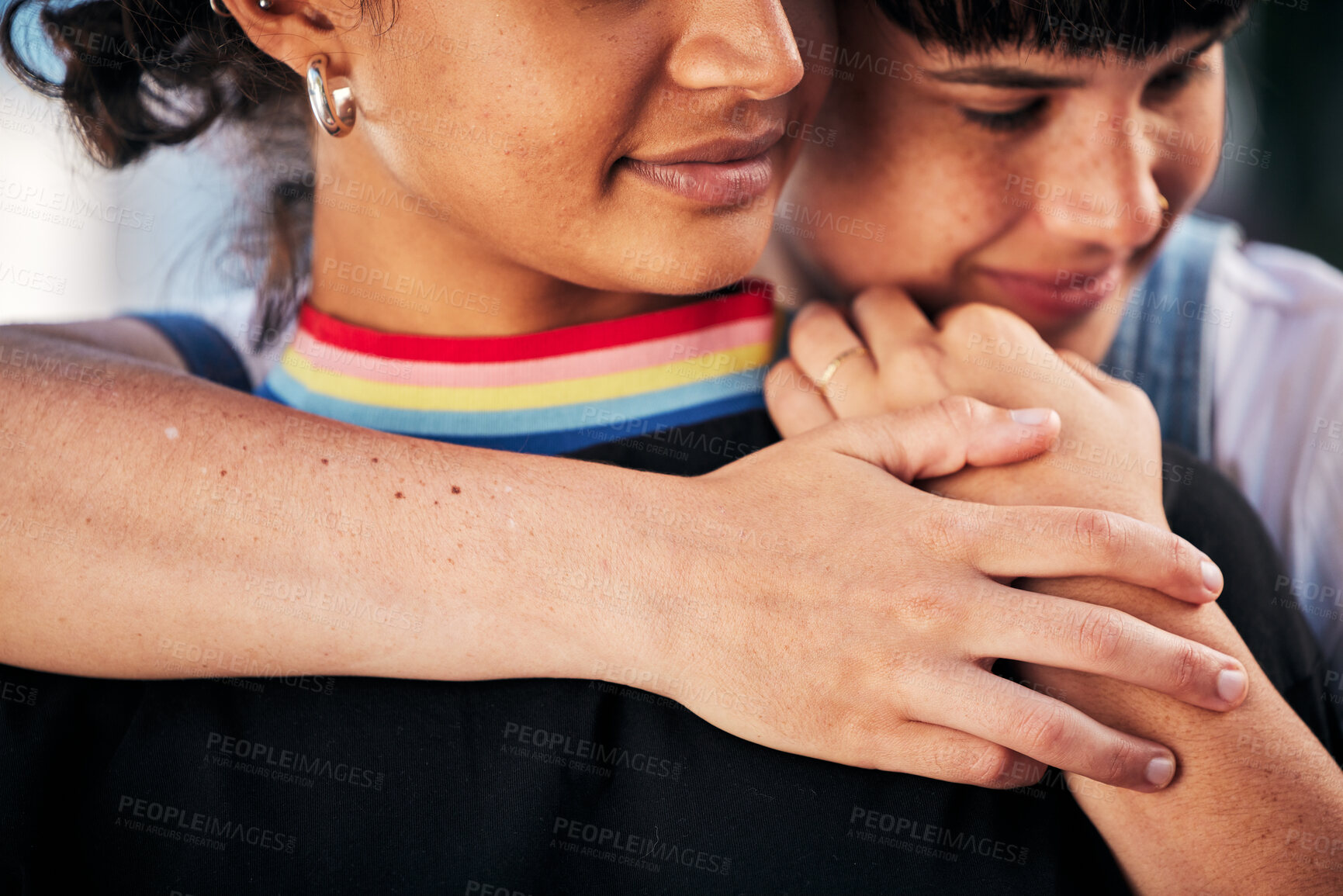 Buy stock photo Love, hug and gay couple with support, relationship peace and calm together in Brazil. Freedom, calm and lgbtq women with affection, pride and friends free in lesbian identity in the city together