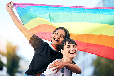 Buy stock photo Love, lesbian and couple with pride, lgbtq and happiness for relationship, smile and rainbow flag. Women, friends and queer people bonding, loving and dating for romance, sexuality or gender equality