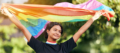 Buy stock photo Rainbow, flag and gay pride with an indian woman in celebration of lgbt human rights alone outdoor. Freedom, equality and lgbtq with a happy female outside celebrating her equality or inclusion