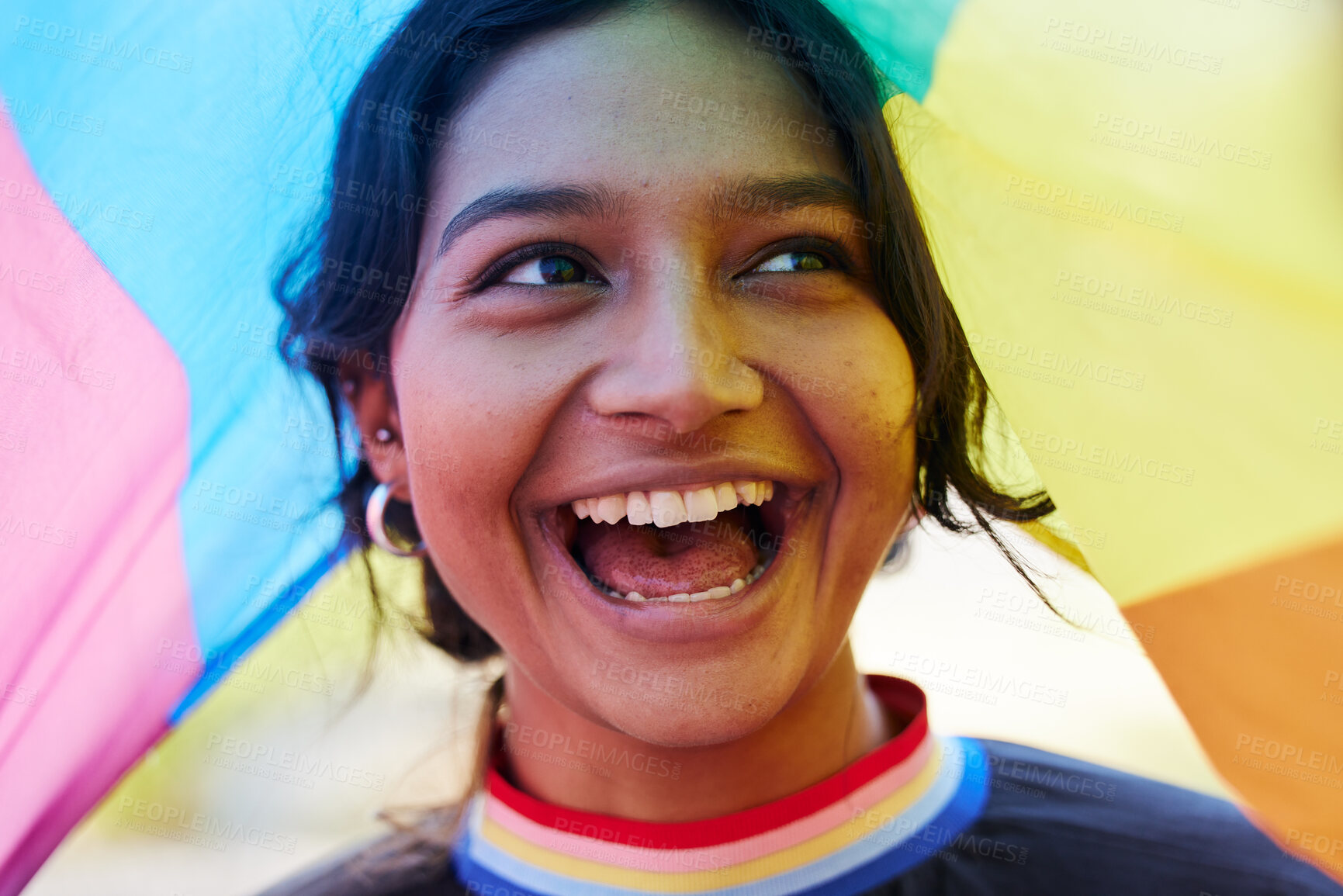 Buy stock photo Rainbow, flag and lgbt with an indian woman in celebration of gay pride or human rights alone outdoor. Freedom, equality and lgbtq with a happy female outside celebrating her equality or inclusion